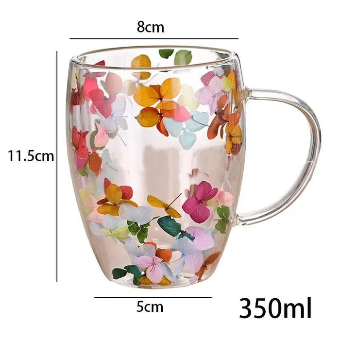 Elegant Double Walled Floral Glass Mug - High Borosilicate Coffee and Tea Cup with Handle