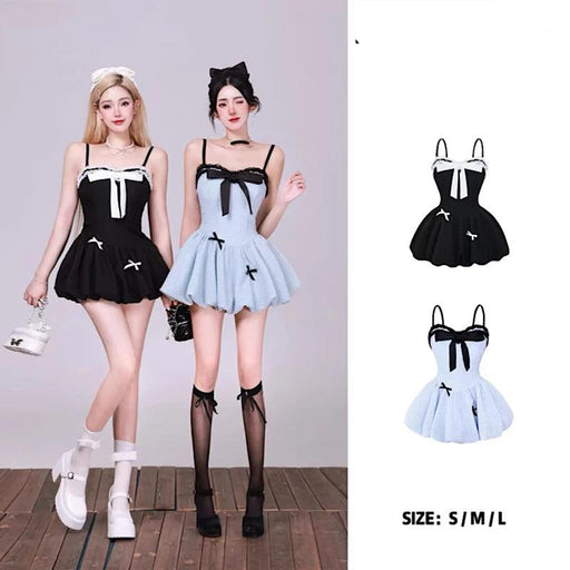 Chic Black Ensemble: Long Sleeve Cardigan & Bow-Detail Mini Dress - Y2K Korean Fashion for Summer 2024