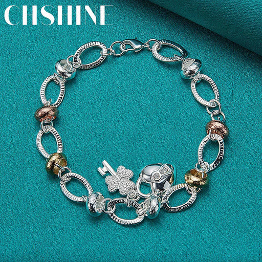 Glimmering Clover Flower Charm Zircon Pendant Bracelet in 925 Sterling Silver