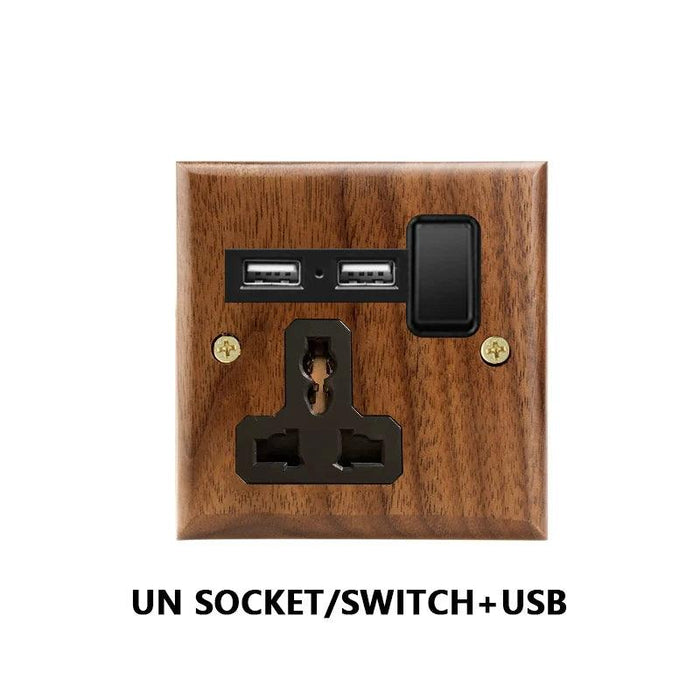 Sleek Black Walnut Electrical Panel with USB Ports, Adjustable LED Ambiance, and Contemporary Toggle Features