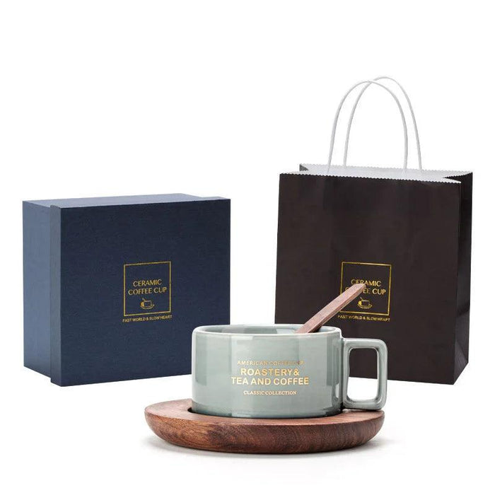 Elegant American Heritage Ceramic Coffee Cup Set with Walnut Cup Holder and Gift Box