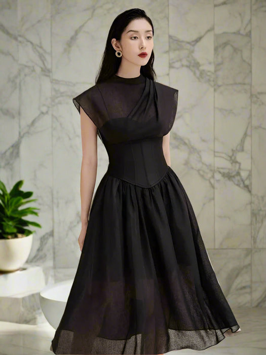 Chic High Waist Pleated A-line Dress for Women