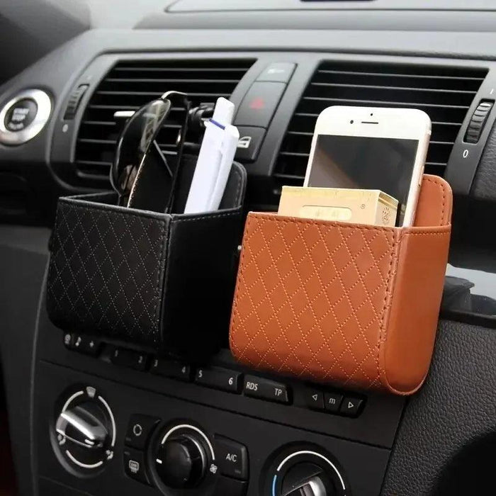 Sleek Black PU Leather Car Air Vent Organizer for Phone and Glasses