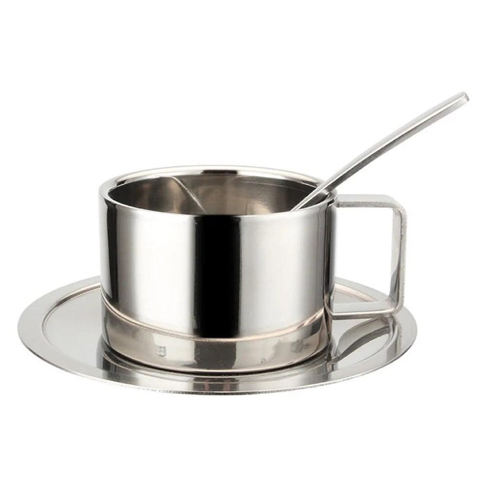 Elegant Double-Walled Stainless Steel Coffee Cup Set with Saucer and Spoon - Perfect Gift for Coffee Lovers