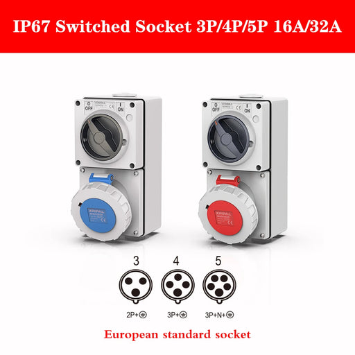 Waterproof 32A CEE Combination Socket with Switch and Circuit Protection