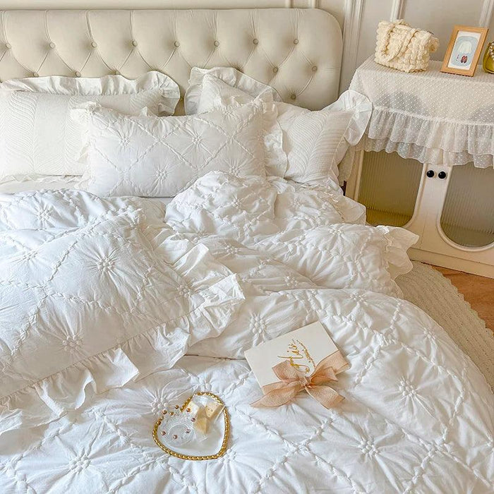 100% Cotton Ruffle Korean Princess Solid White Bedding Sets