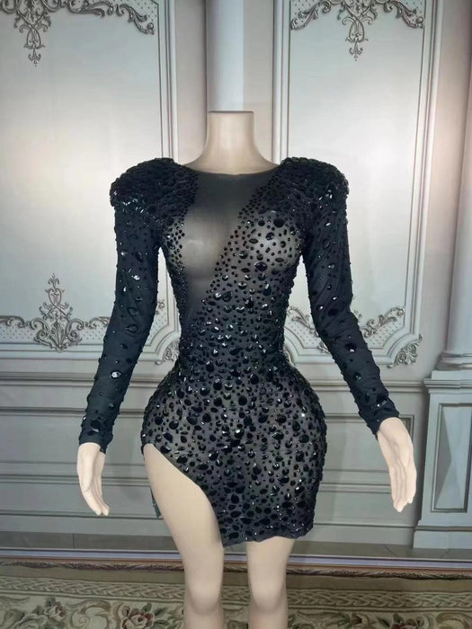 Shining Black Rhinestone Embellished Sheer Long Sleeve Bodycon Mini Dress