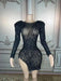 Glistening Black Rhinestone-Studded Sheer Long Sleeve Bodycon Mini Dress