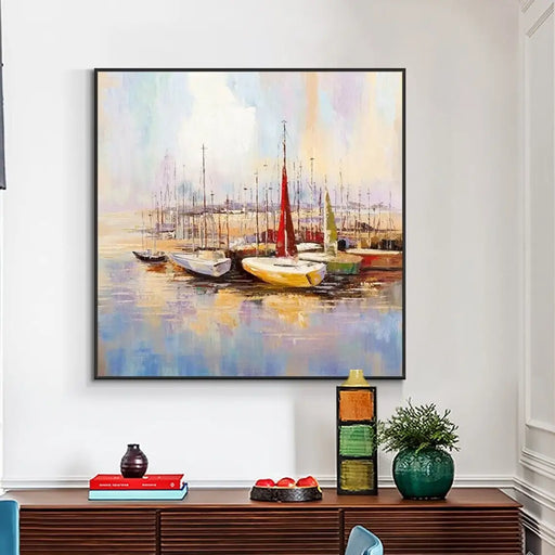 Marina Marvel Hand-Painted Seascape Oil Painting for Tranquil Home Decor