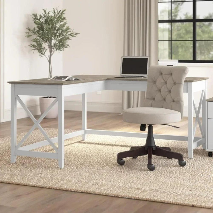 Charming 60-Inch L-Shaped Corner Desk with Rustic Weathered Finish for a Cozy Home Office