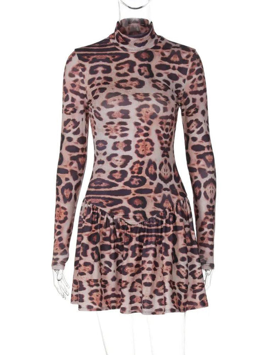 Sleek Leopard Print Bodycon Mini Dress with Turtleneck for Women