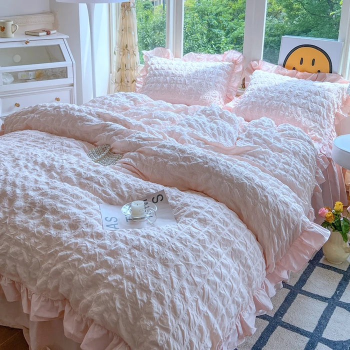 Luxe Korean Princess Lace Ruffle Bedding Ensemble with Duvet Cover, Bed Sheet, Skirt, and Pillowcases