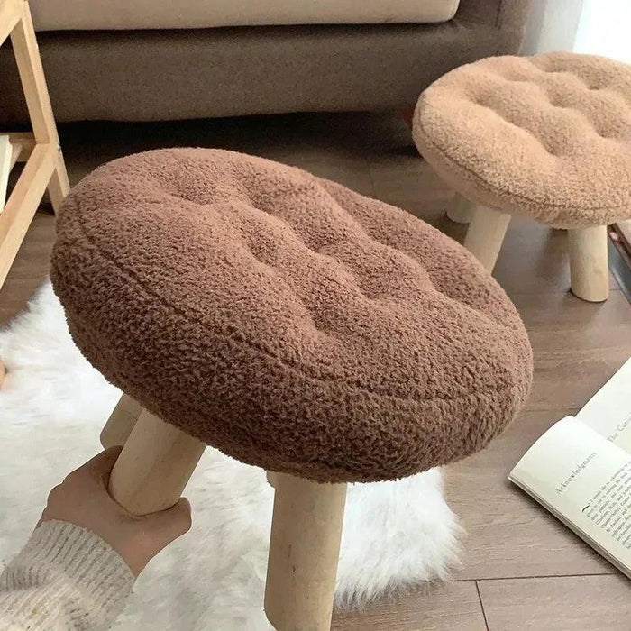 Scandinavian Round Wooden Pouf Stool with Easy-Care Cover