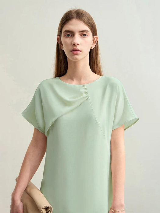 Amii Chic Asymmetrical Summer Chiffon Dress with Pleated Neckline and Breezy Short Sleeves