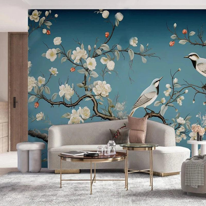 Asian-Inspired Hand-Painted Birds and Floral Mural Wallpaper - Elegant Custom Wall Art for Home Decor