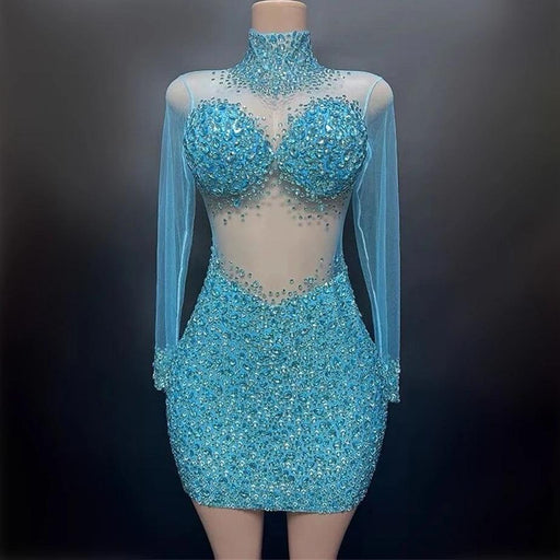 Mesmerizing Sky Blue Sheer Evening Gown with Sparkling Diamond Accents