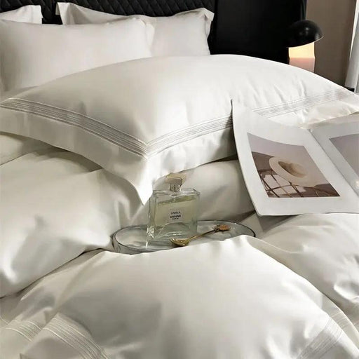 Elegant Egyptian Cotton Embroidered Duvet Cover Set, Premium Hotel-Quality Bedding with Bed Sheet and Pillowcases, Solid Color Luxury Collection