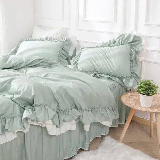 100% Cotton Solid Color Ruffled Bedding Set with Duvet Cover, Bed Skirt, and Pillowcases