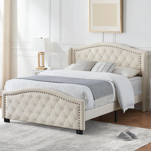 Luxurious Wingback Velvet Tufted Queen Bed Frame in Off-white with Steel Support