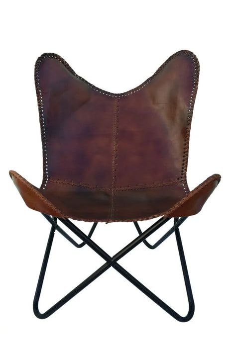 Vintage Brown Leather Butterfly Chair: Elegant Sleeper Lounge for Stylish Home and Outdoor Relaxation