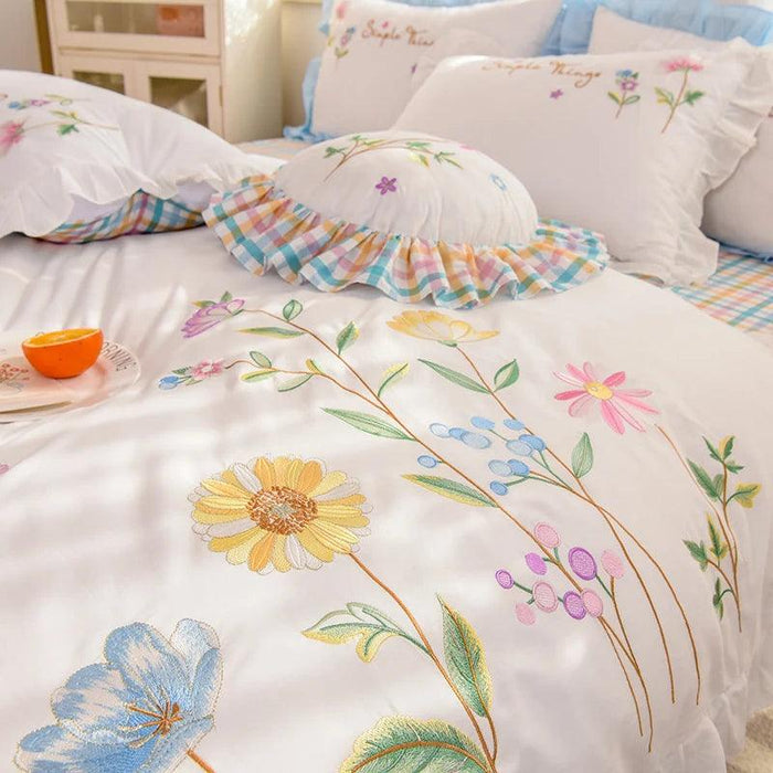 Pastoral Elegance: Embroidered Floral Cotton Bedding Set with Ruffled Details - Duvet Cover, Flat & Fitted Sheets, Pillowcases