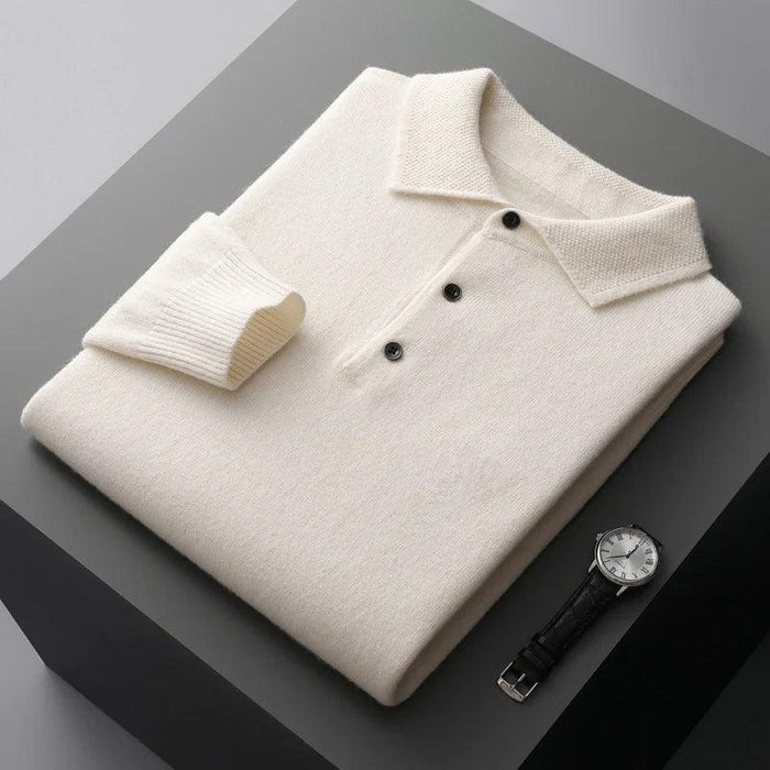 Extrafine Merino Wool Men's Lapel Polo Neck Sweater | Elegant Long Sleeve Knit Top | Perfect for Business & Casual Wear | Standard Asia Size