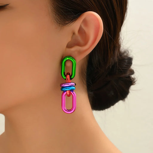 Edgy Metallic Green Geometric Acrylic Chain Earrings - Unique Punk Dangle Design