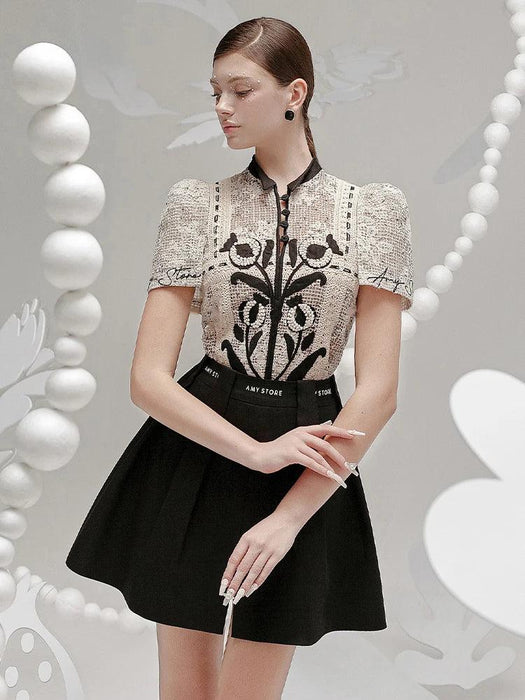 Floral Embroidery Lace Top and Pleated Skirt Set