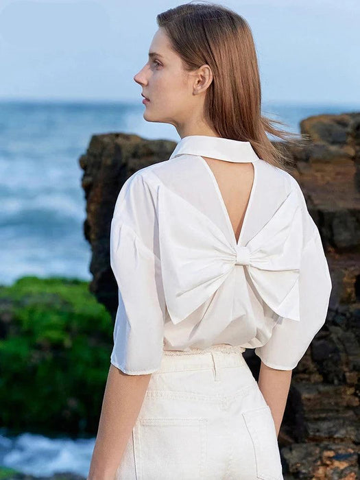 Chic Cotton Puff Sleeve Blouse for Women with Bow Accent - Summer Minimalism Collection