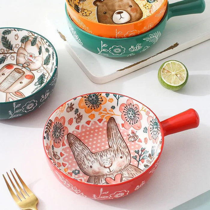 Forest Animal Design Large Ceramic Noodle Bowl with Single Handle - Creative Home and Restaurant Decor