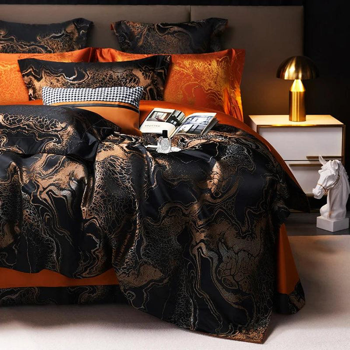 Luxurious Golden Jacquard Satin Bedding Set - 4-Piece Black Duvet & Egyptian Cotton Sheets