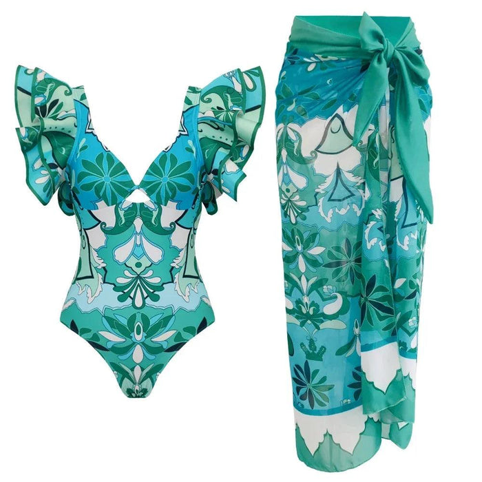 Ruffled Floral Brazilian Swim Set - Fashionable Skirted Beachwear for Women