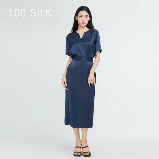 Silk Urban Chic V-neck Shirt and Half Skirt Set - Women's Casual Two-Piece Ensemble