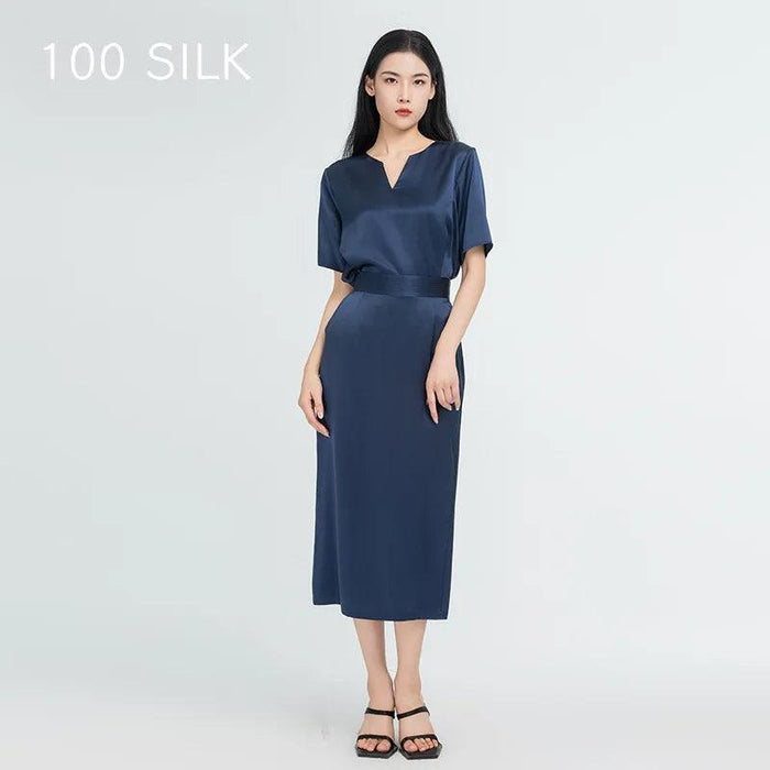 Elegant Silk V-neck Top and Midi Skirt Ensemble - Chic Women's Two-Piece Set