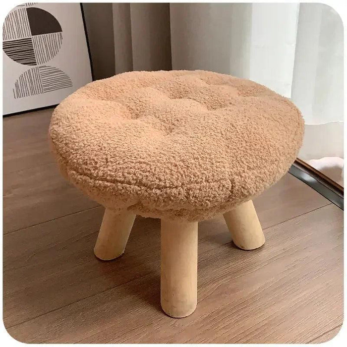 Scandinavian Round Wooden Pouf Stool with Easy-Care Cover