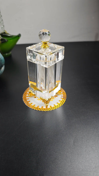 Elegant Amber Crystal Jar for Toothpicks and Cotton Swabs with Lid