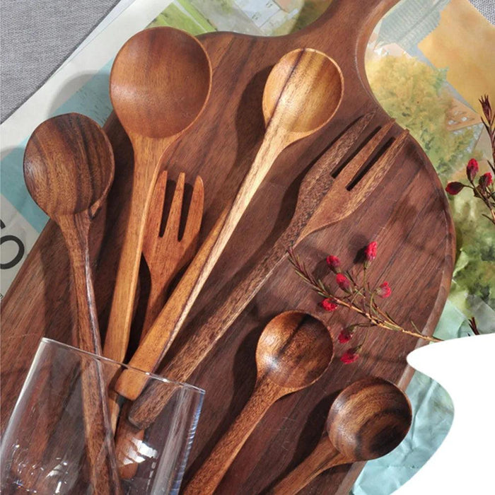 7-Piece Sustainable Acacia Wood Utensil Set for Soup, Ramen, Salad, and Desserts