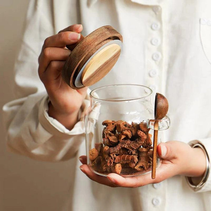 Elegant Glass Storage Jar with Acacia Wood Lid and Spoon for Coffee and Spices