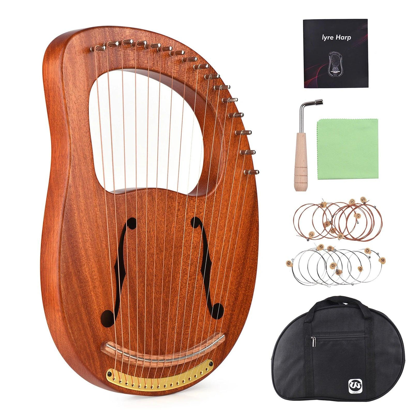 16-String Solid Wood Lyre Harp with Metal Strings, Carry Bag, Tuning Wrench, and Cleaning Cloth