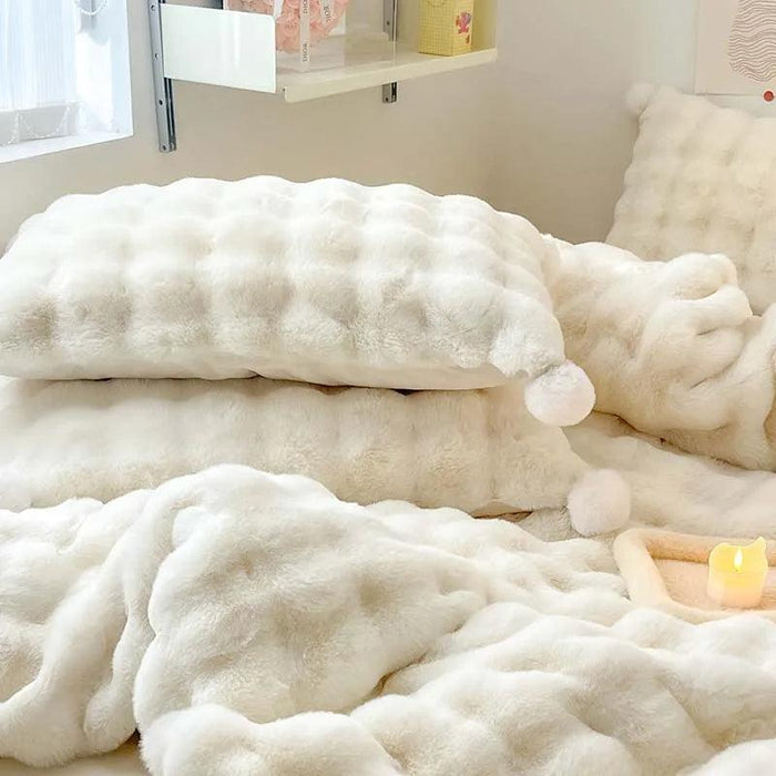 Plush Faux Rabbit Fur Bedding Ensemble with Charming Ball Accents - Duvet Cover, Sheets, and Pillowcases