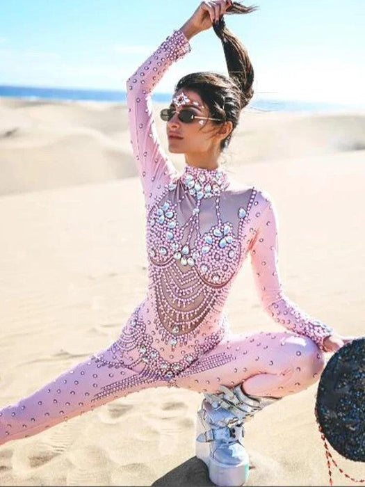 Dazzling Pink Crystal-Infused Bodysuit for Female Artists - Ideal for Performances & Celebratory Occasions