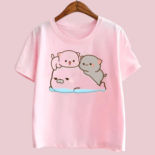 Peach & Goma Mochi Cat with Giraffe Print Kids Tee - Cute Harajuku Style Shirt for Boys & Girls