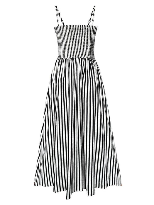 Elegant Black Striped Pleated Sleeveless Long Strap Dress for Women - Spring/Summer 2024 Fashion