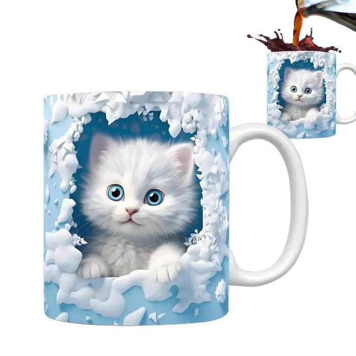 Whimsical 3D Cat Lover's Ceramic Mug featuring Playful Feline Design and Serene Landscape