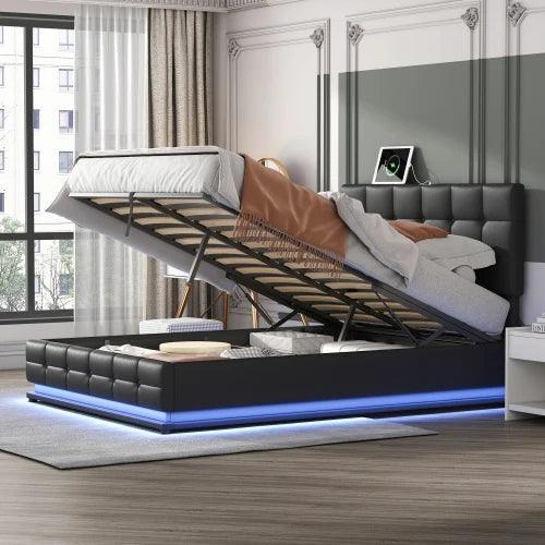 Luxurious Queen Bed with Smart LED Lighting, USB Charging, and Spacious Storage Options