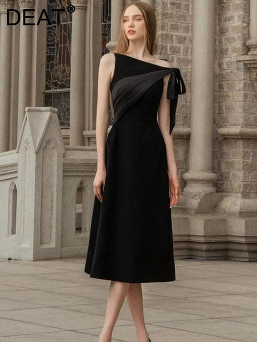 Sleeveless Party Dress with Asymmetrical Neckline and Unique Spliced Design for Women - Timeless Solid Color Evening Dress