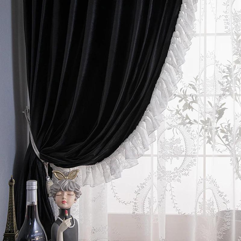 Chic Black Velvet Lace Blackout Curtains with Elegant Ruffles for Cozy Living Spaces