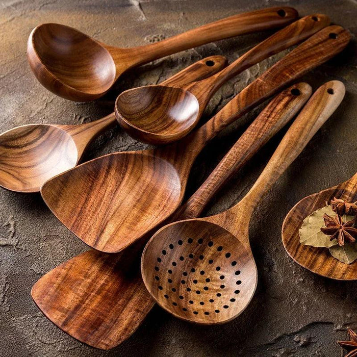 Sustainable Teak Wood 7-Piece Kitchen Utensil Set - Eco-Friendly Cooking Tools