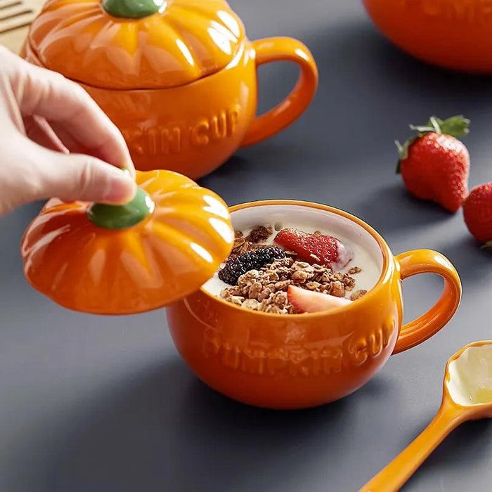 Kawaii Pumpkin Shaped Ceramic Mug Set - Adorable Halloween Drinkware for Soup and Beverages