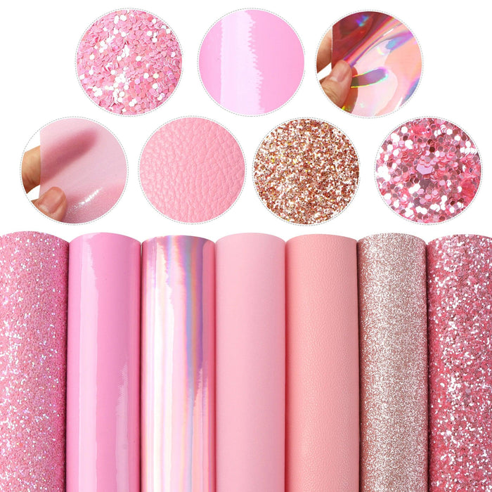 Sparkling Pink Faux Leather Crafting Set - 7 Glitter Sheets, 20x33cm Each